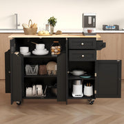 HOMREST 50.4" Kitchen Island with Drop Leaf & Power Outlet, Farmhouse Rolling Island Cart with 3 Spices Shelves on Wheels, Mobil Kitchen Island Table with Rubberwood Countertop Towel Rack, Black