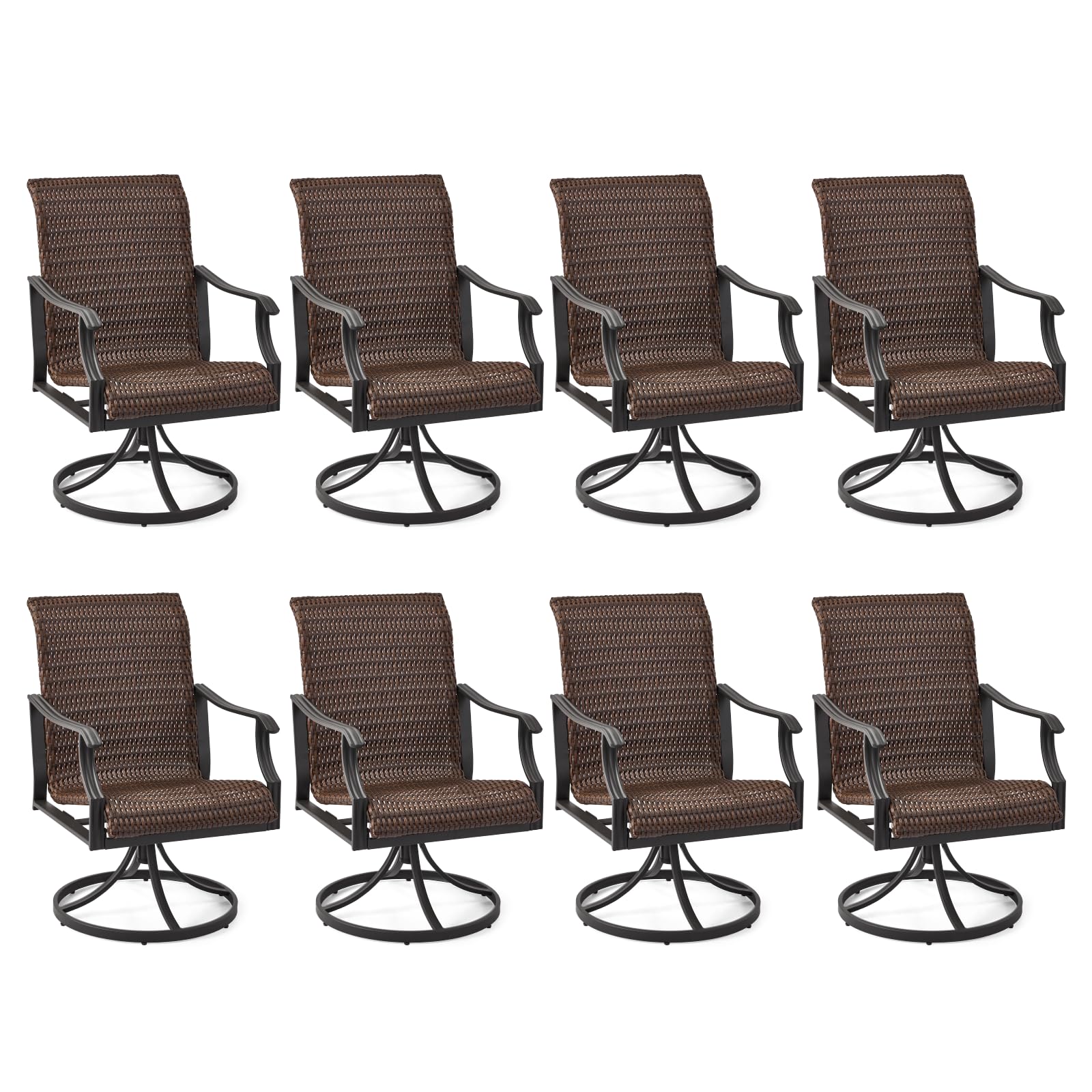HOMREST Patio Wicker Swivel Chair Set of 8, Heavy Duty Outdoor Dining Chair with 23.5'' High Back, Extra-Large Water-Fall Seat, Gentle Rocker