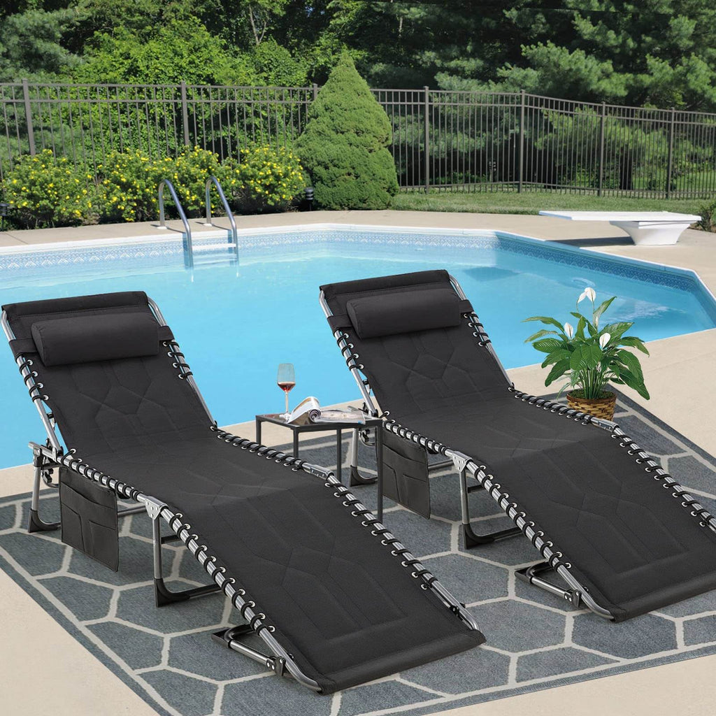 Patio Folding Chaise Lounge Chair Set of 2, Portable Outdoor Chair with Detachable Pocket and Pillow（Black）