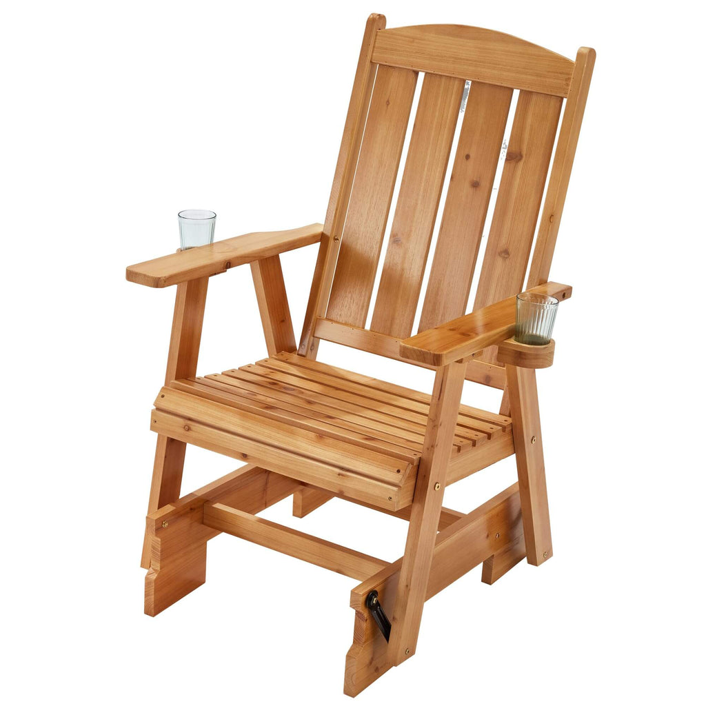 Wooden Patio Glider Chair with Cup Holders Heavy Duty 700lbs, Outdoor Rocking Chair with Ergonomic Deep Contoured Seat and High Back