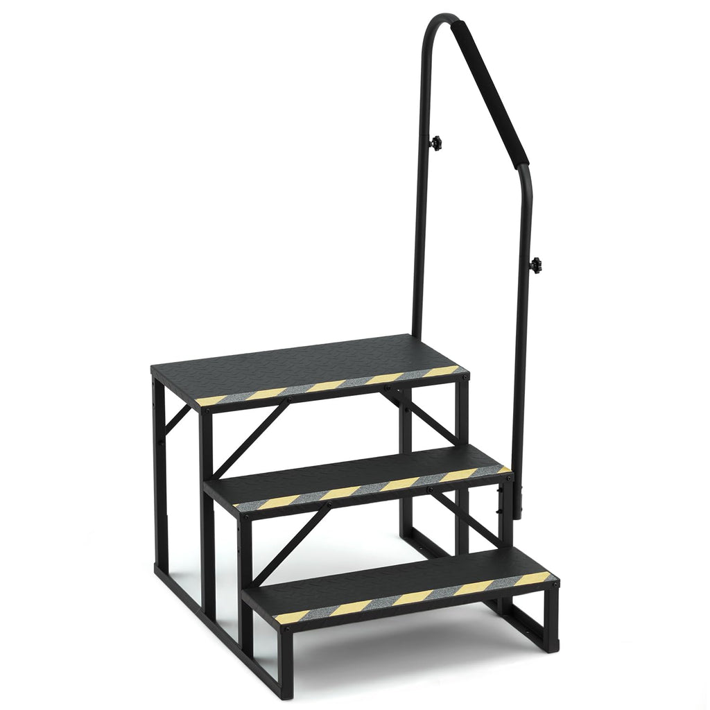 HOMREST 3-Step RV Steps with Handrail, 660 LBS Metal RV Stairs with Armrest Cover, Anti-Slip Hot Tub Steps, Mobile Home Steps with Non-Skid Tapes