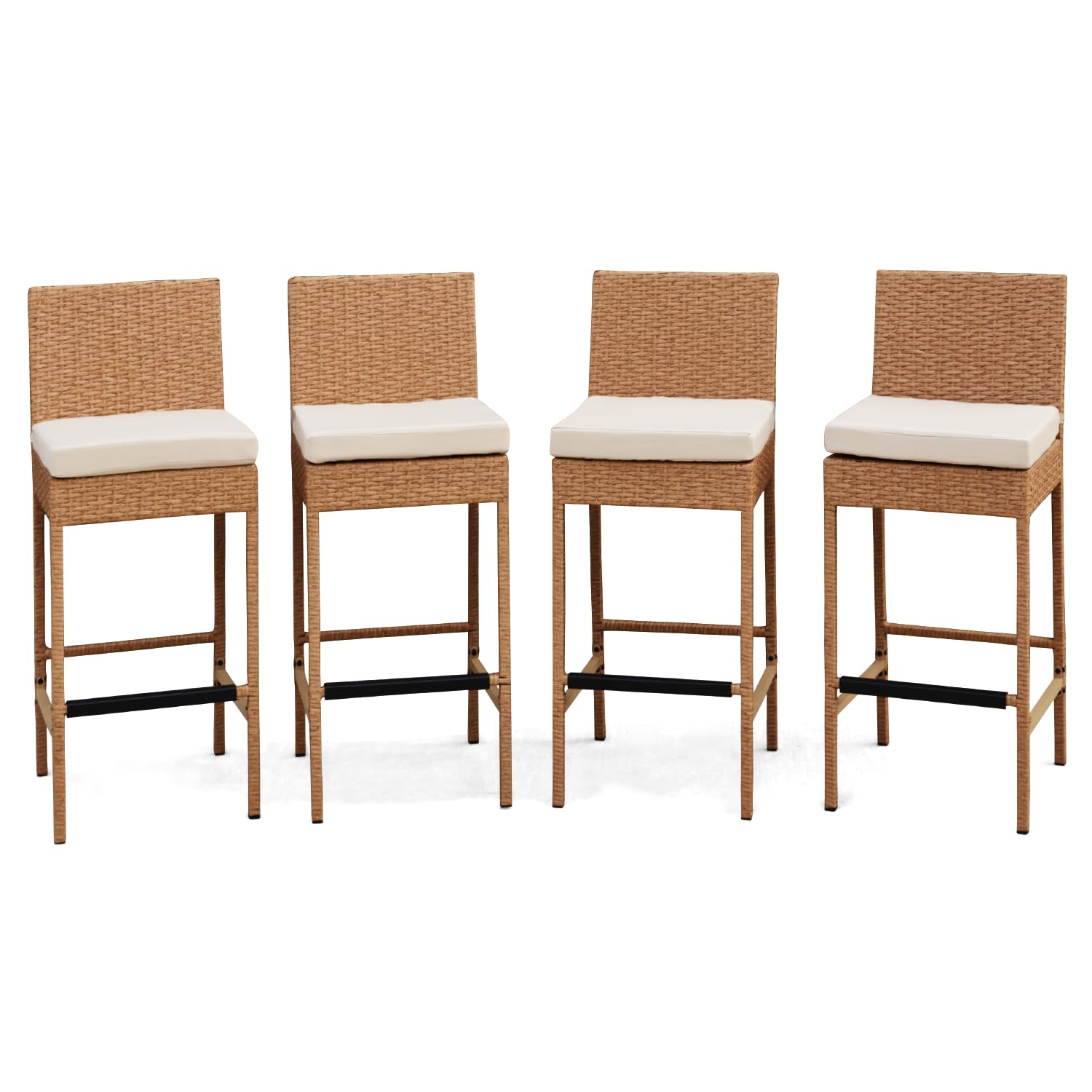 HOMREST Rattan Bar Stools Set of 4, Wicker Woven Patio Stools & Patio Bar Chairs with Seat Cushion and Cozy Footrest, Outdoor Furniture Armless Counter Height, Yellow