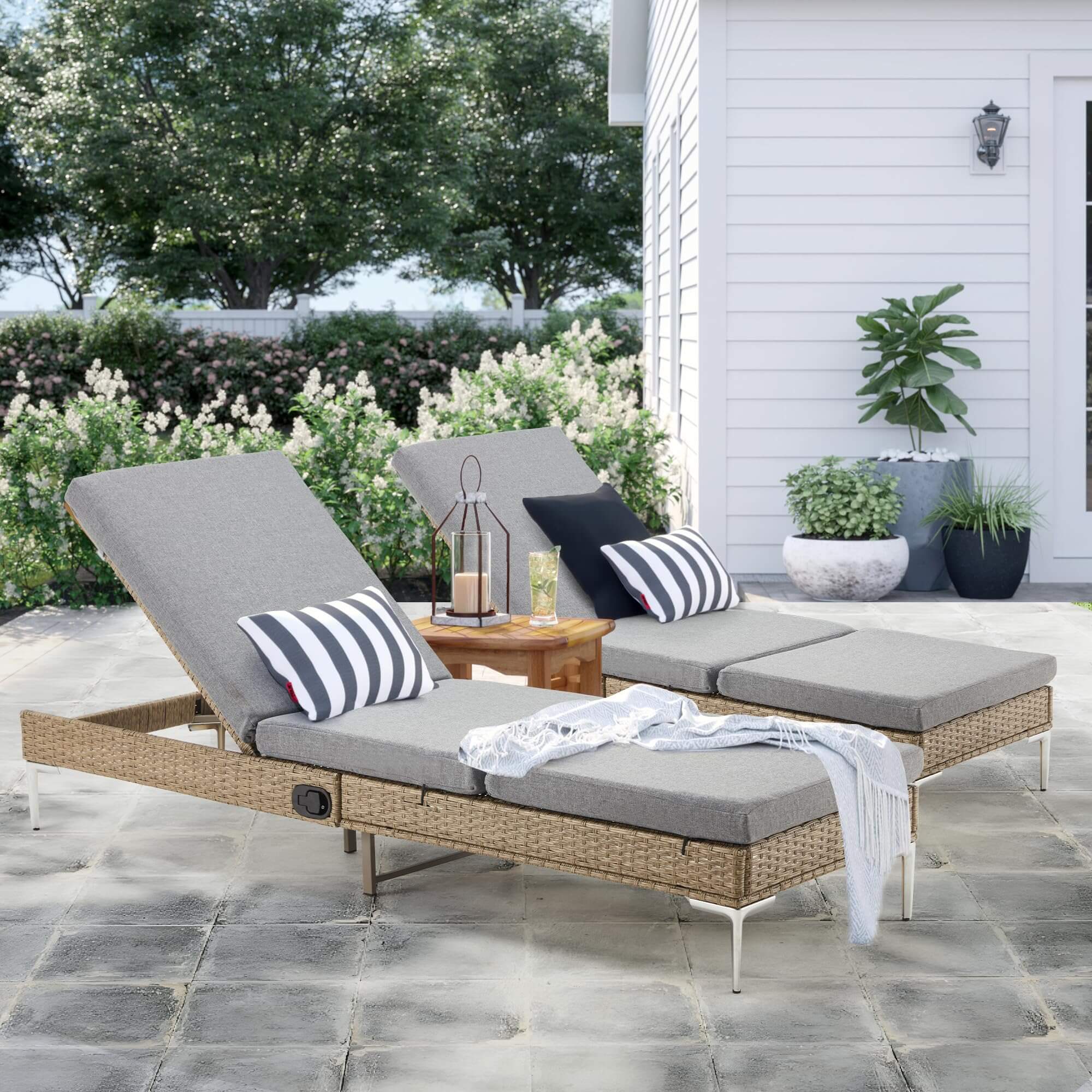Homrest 2PCS Patio Rattan Chaise Lounge Chair, Outdoor Wicker Recliner, Gray