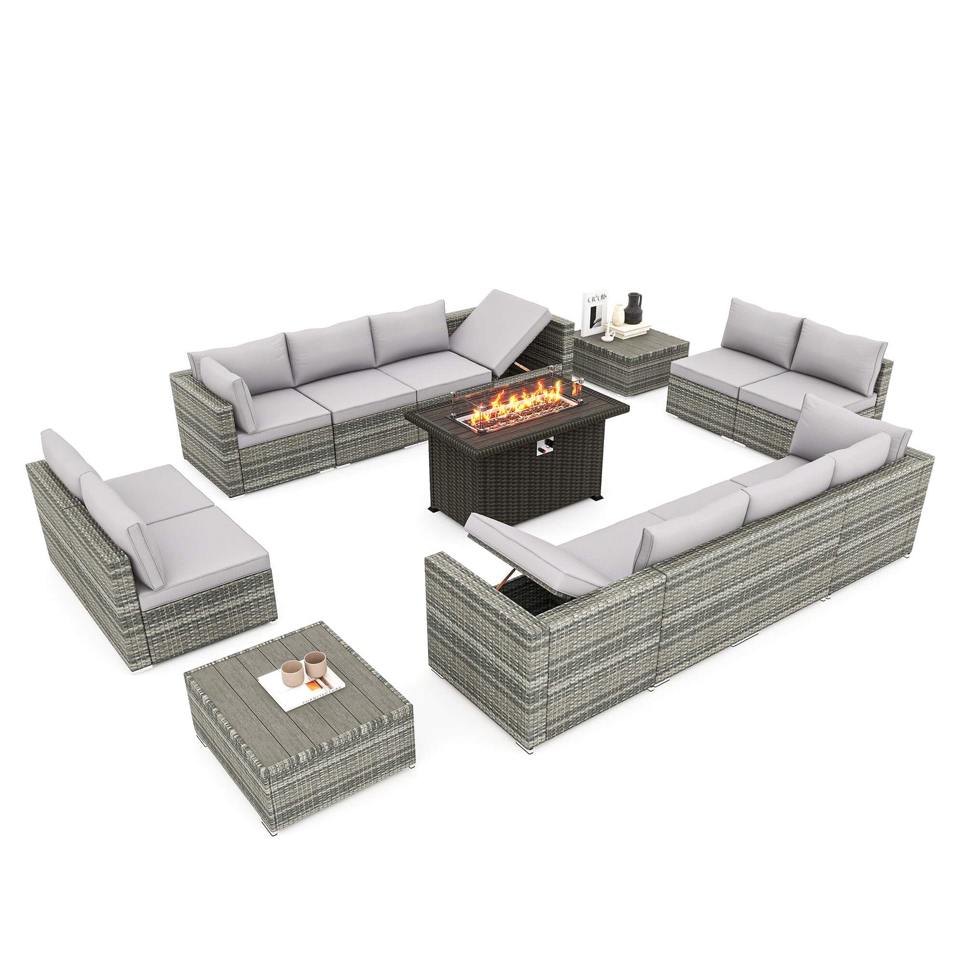 Homrest 15 pcs outdoor furniture set wit 44'' propane fire pit table for porch, garden and poolside, gray