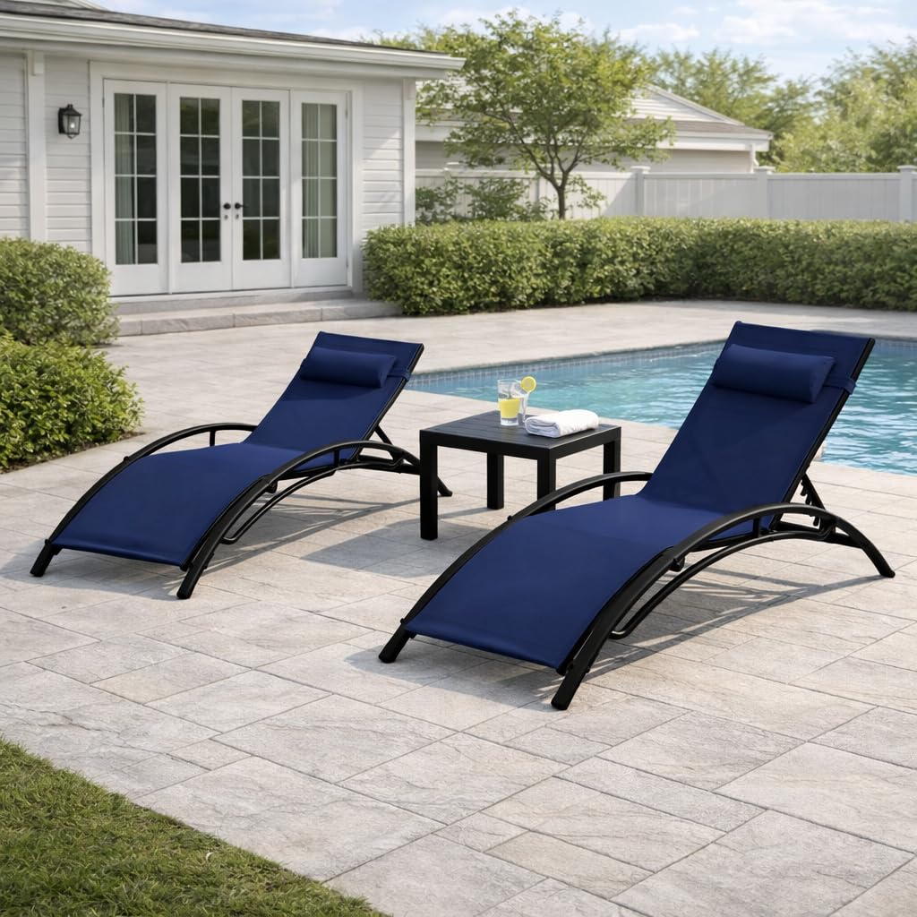 HOMREST 3-Piece Outdoor Chaise Lounge Set, Reclining Patio Chairs with Side Table, Navy Blue