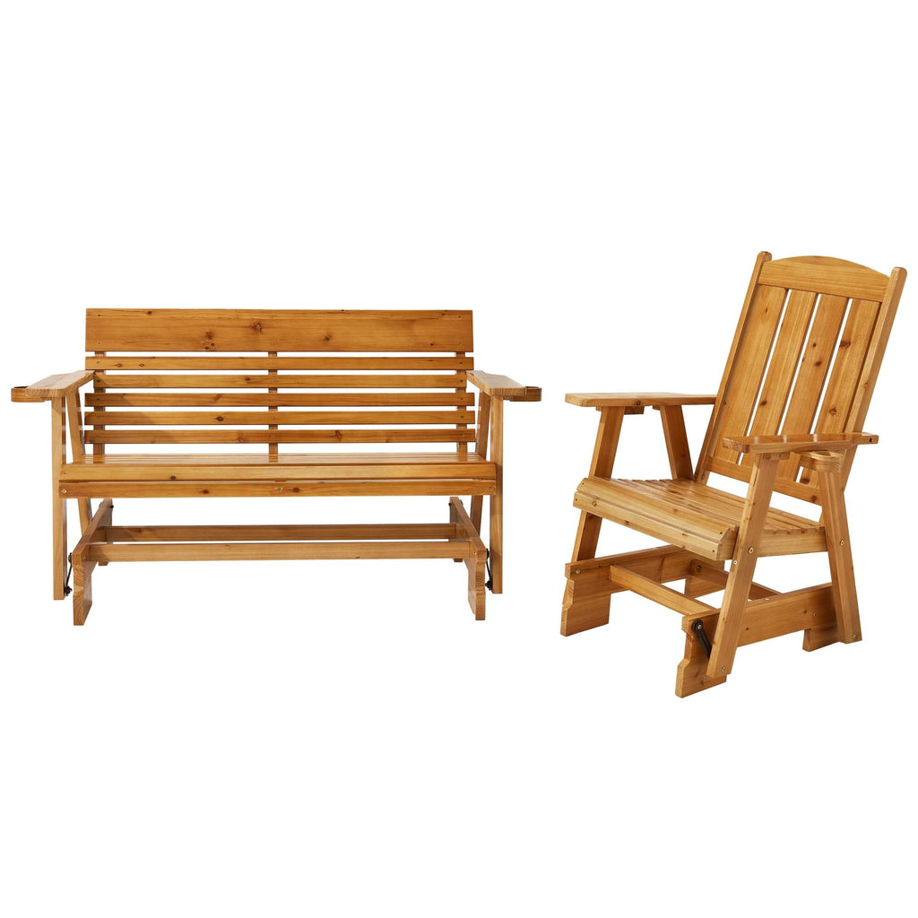 Patio Glider Bench Chair Set with Cup Holders, Wooden Outdoor Loveseat Glider with Ergonomic Deep Contoured Seat and High Roll Back