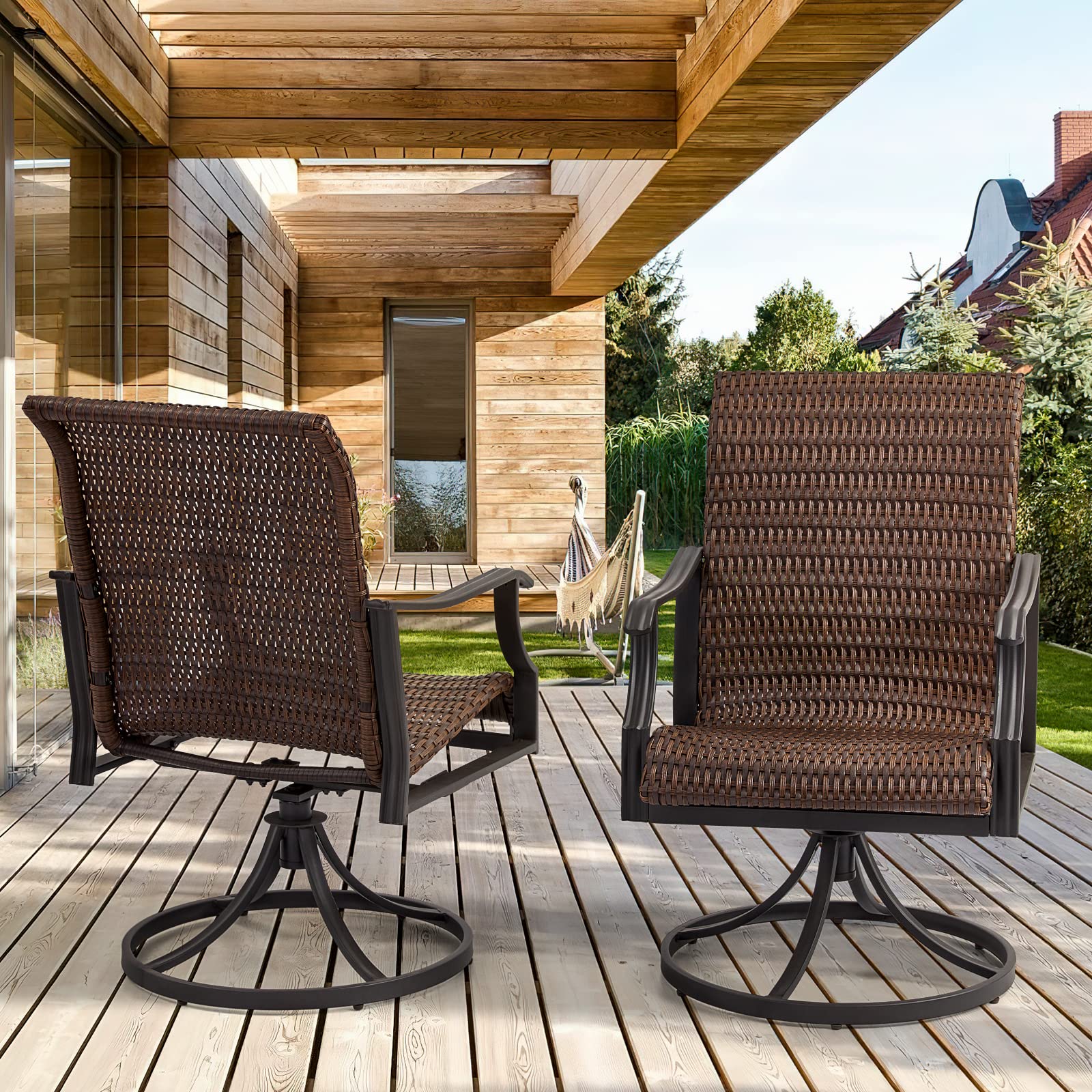 homrest Patio Wicker Swivel Chair Set of 2, Heavy Duty Outdoor Dining Chair with 23.5'' High Back, Extra-Large Water-Fall Seat, Gentle Rocker-homrest