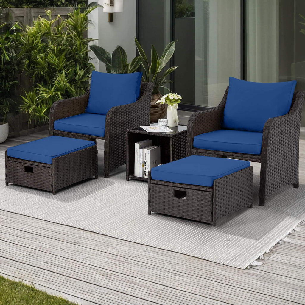 Homrest 5 Pcs Patio Wicker Chair Set with Ottomans and Coffee Table, Navy Blue