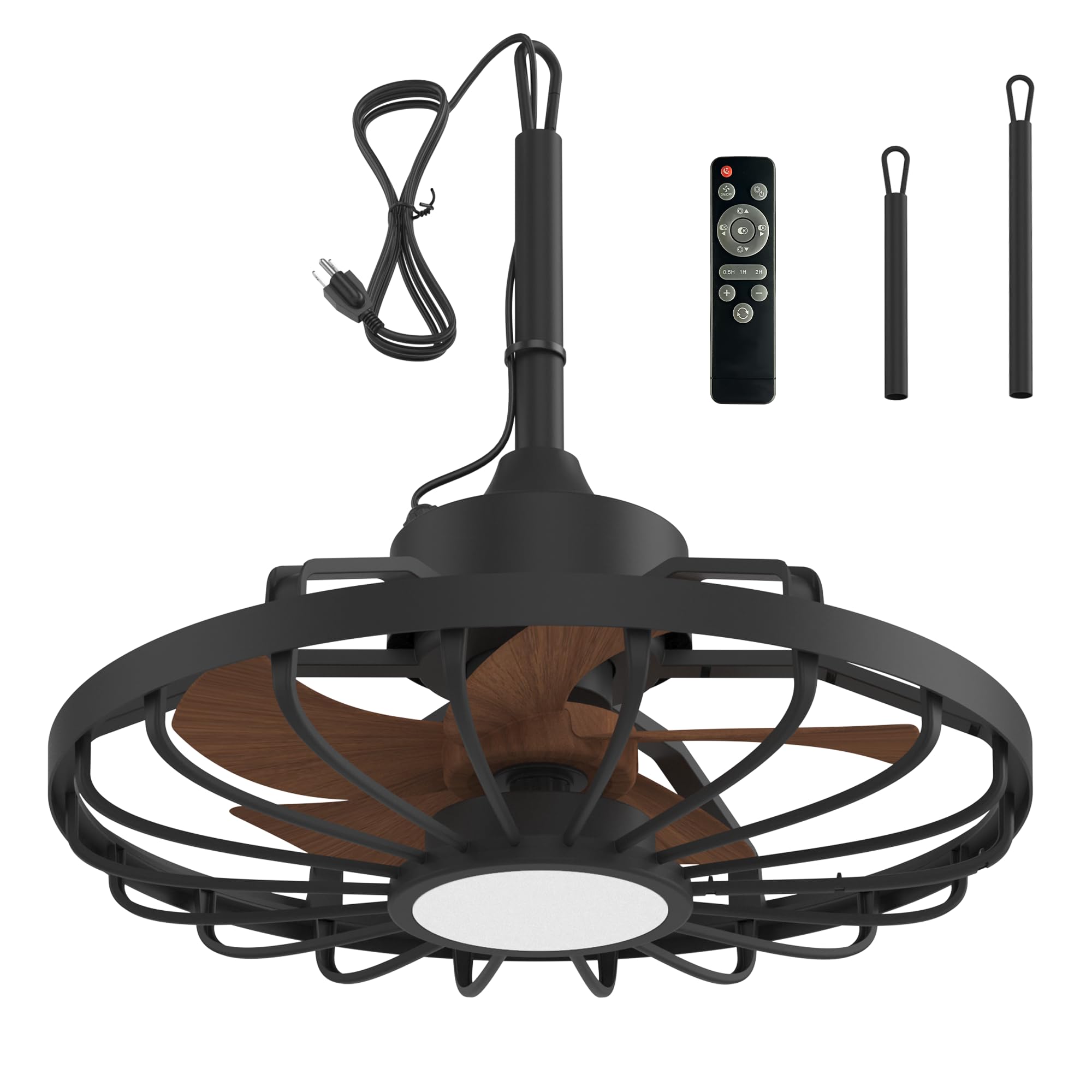 HOMREST 20" Outdoor Ceiling Fan with Light，IP65 Waterproof Plug in Ceiling Fan with Remote and 2 Downrods, Gazebo Caged Hanging Fan with 3 Color LED Light for Porch, Pergola, Canopy, Brown