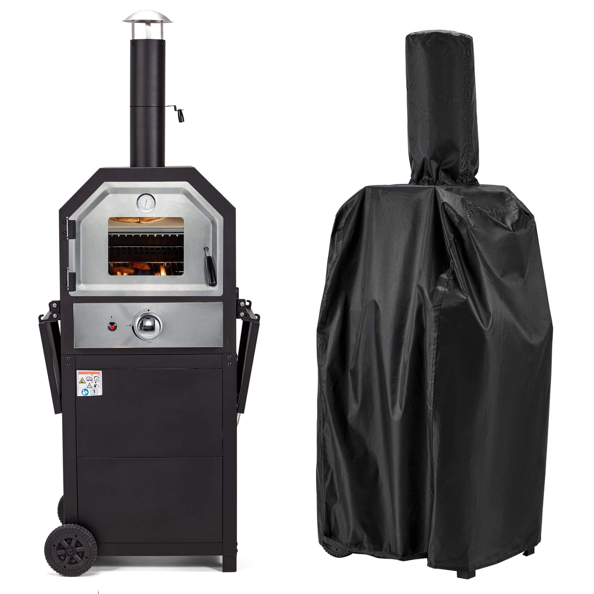 HOMREST Freestanding Outdoor 12" Gas Pizza Oven, CSA Approved Portable Propane Pizza Oven with 2 Foldable Shelves, Wheels and Cover