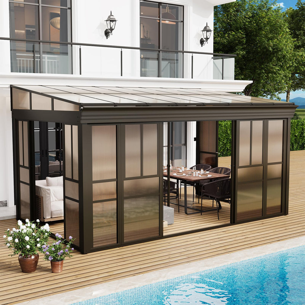 HOMREST 10x16 Lean-to Sunroom Gazebo, Enclosed Patio Shelter with Sliding Doors, Polycarbonate Roof and Brown-Tinted Panels, Aluminum Frame for Backyard