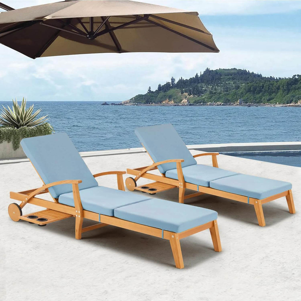 Outdoor Wood Chaise Lounge Chair Set of 2, with Slide-Out Tray, Adjustable Backrest, Moving Wheels and Breathable Fabric (Light Blue)