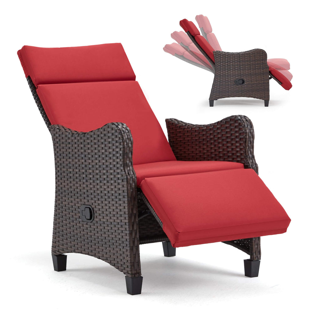 Weatherproof Outdoor Recliner Chair, Rattan Lounge Chair with Thick Removable Cushion for Patio Deck Backyard, Red