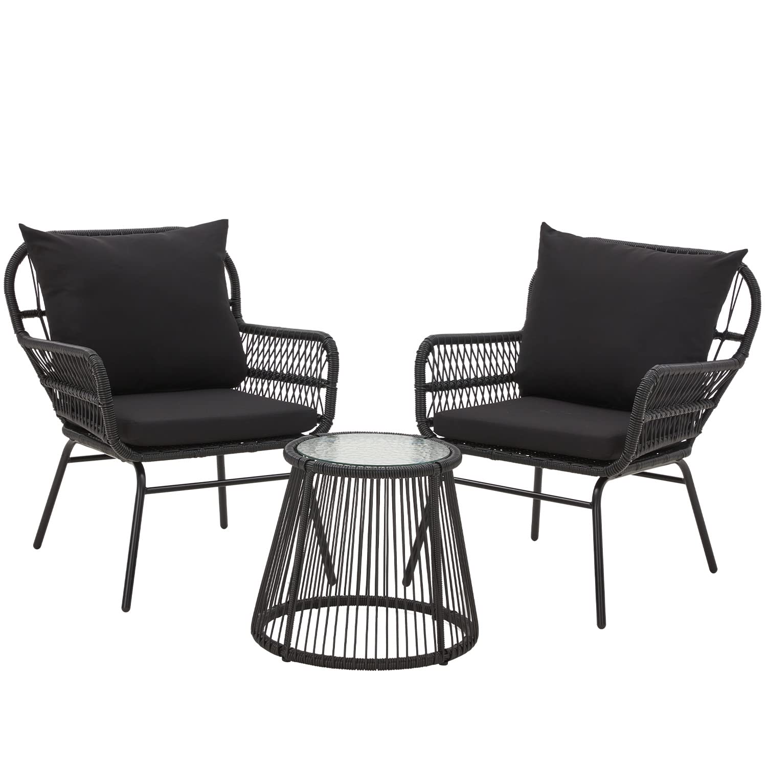 HOMREST 3-Piece Patio Bistro Set with Glass Top Table & 2 Ergonomic Armchairs, Black