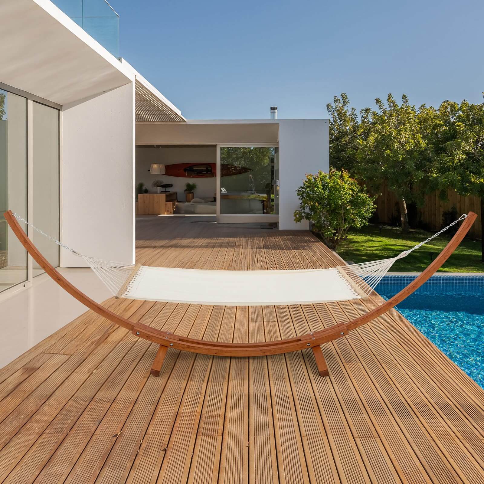 HOMREST 13 FT Hammock with Stand for Outside, 2 Person Heavy Duty Wooden Hammock Stand, White-Yellow