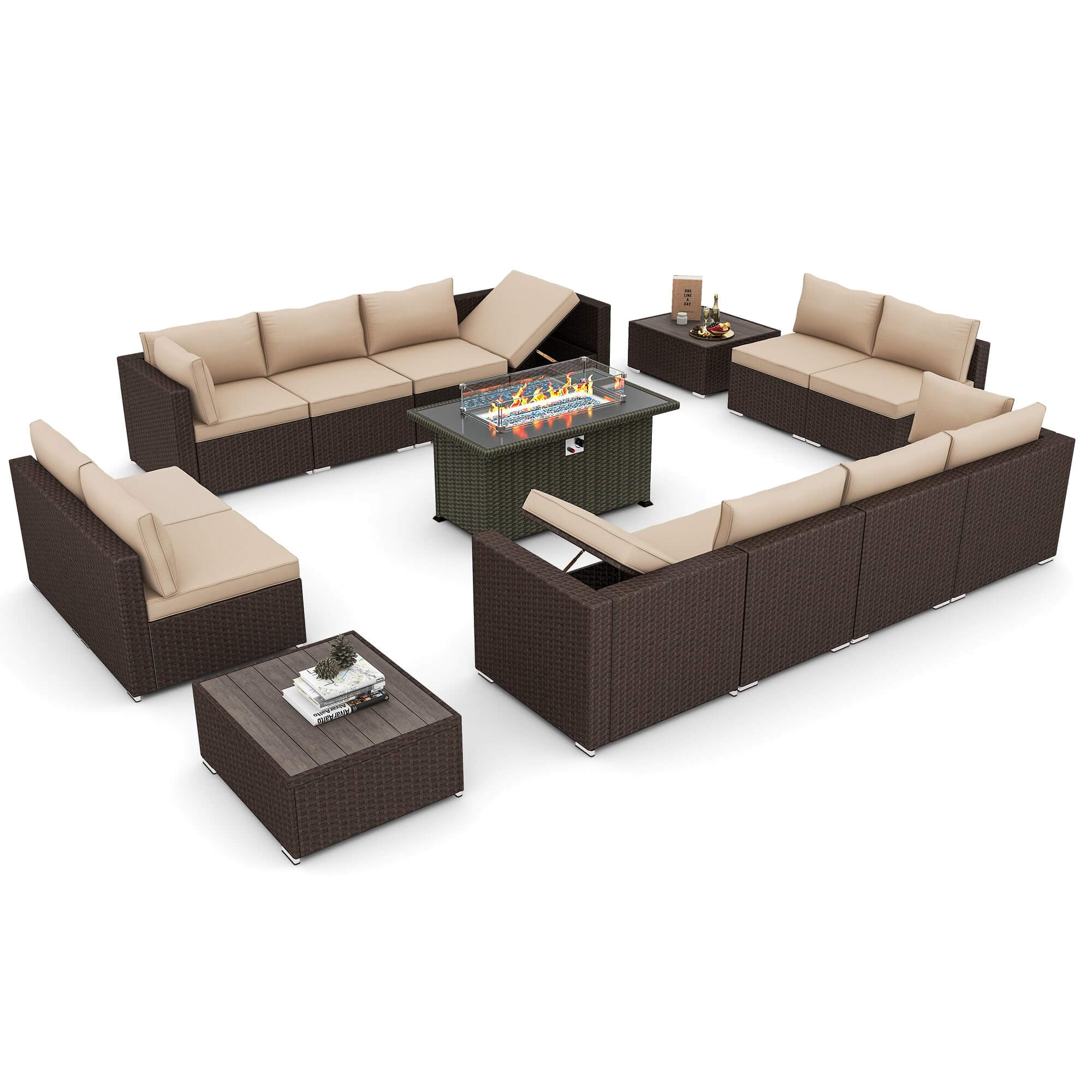 Homrest 15 pcs patio conversation set with fire pit table for porch, garden and poolside, khaki