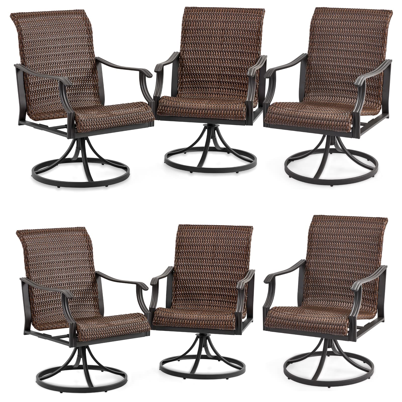 HOMREST Patio Wicker Swivel Chair Set of 6, Heavy Duty Outdoor Dining Chair with 23.5'' High Back, Extra-Large Water-Fall Seat, Gentle Rocker