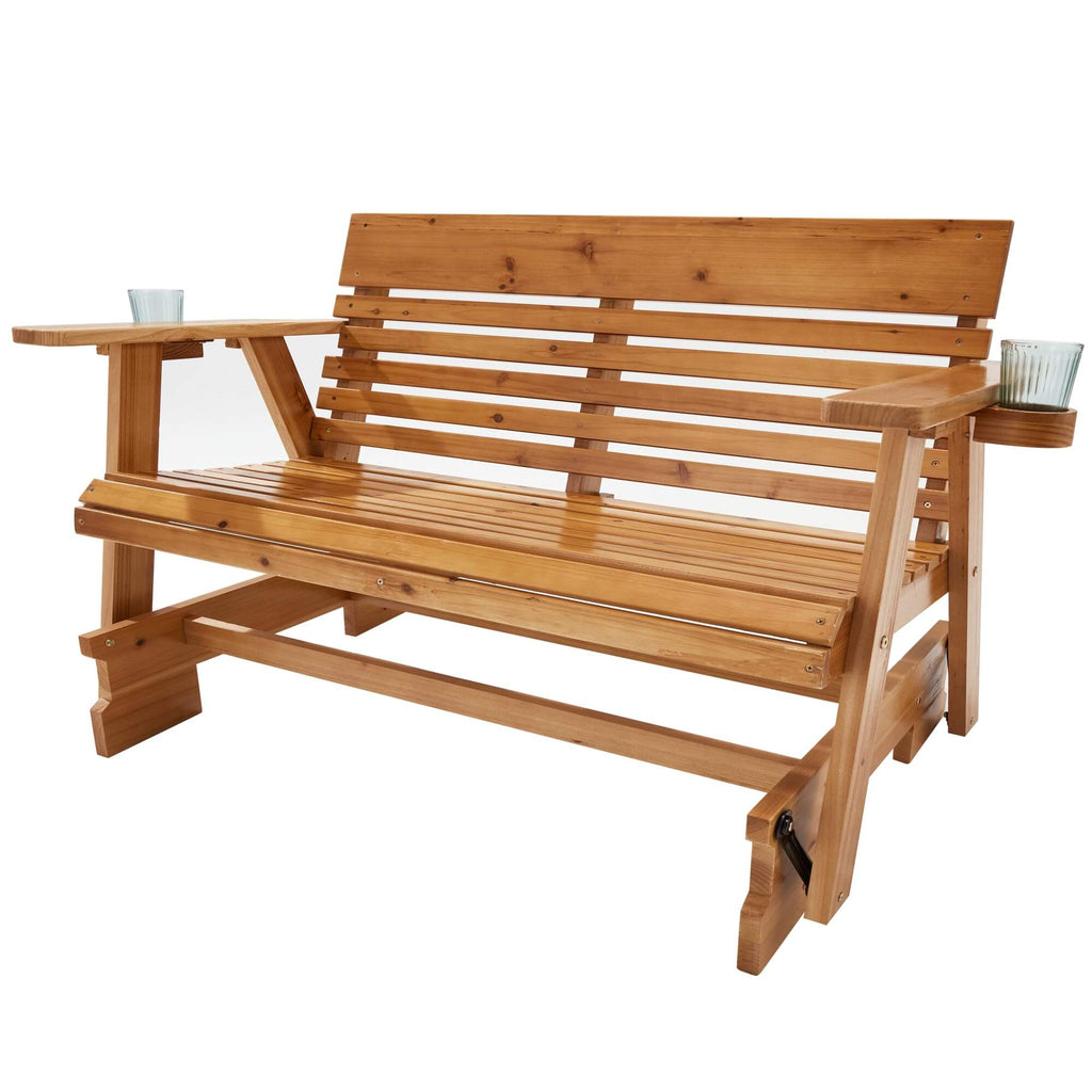 Wooden Patio Glider Bench with Cup Holders Heavy Duty 900lbs, Outdoor Loveseat Glider with Ergonomic Deep Contoured Seat