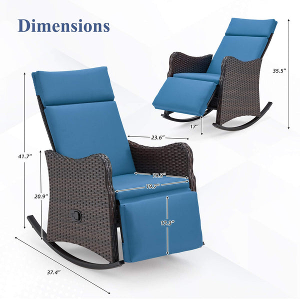 Outdoor Recliner Chair, Rattan Wicker Rocking Chair with Soft Removable Cushion, Blue