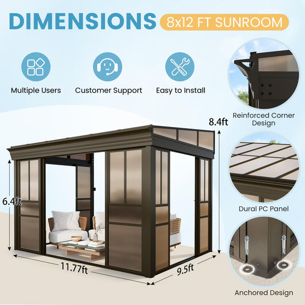 HOMREST 8x12 Lean-to Sunroom Gazebo, Enclosed Patio Shelter with Sliding Doors, Polycarbonate Roof and Brown-Tinted Panels, Aluminum Frame for Backyard