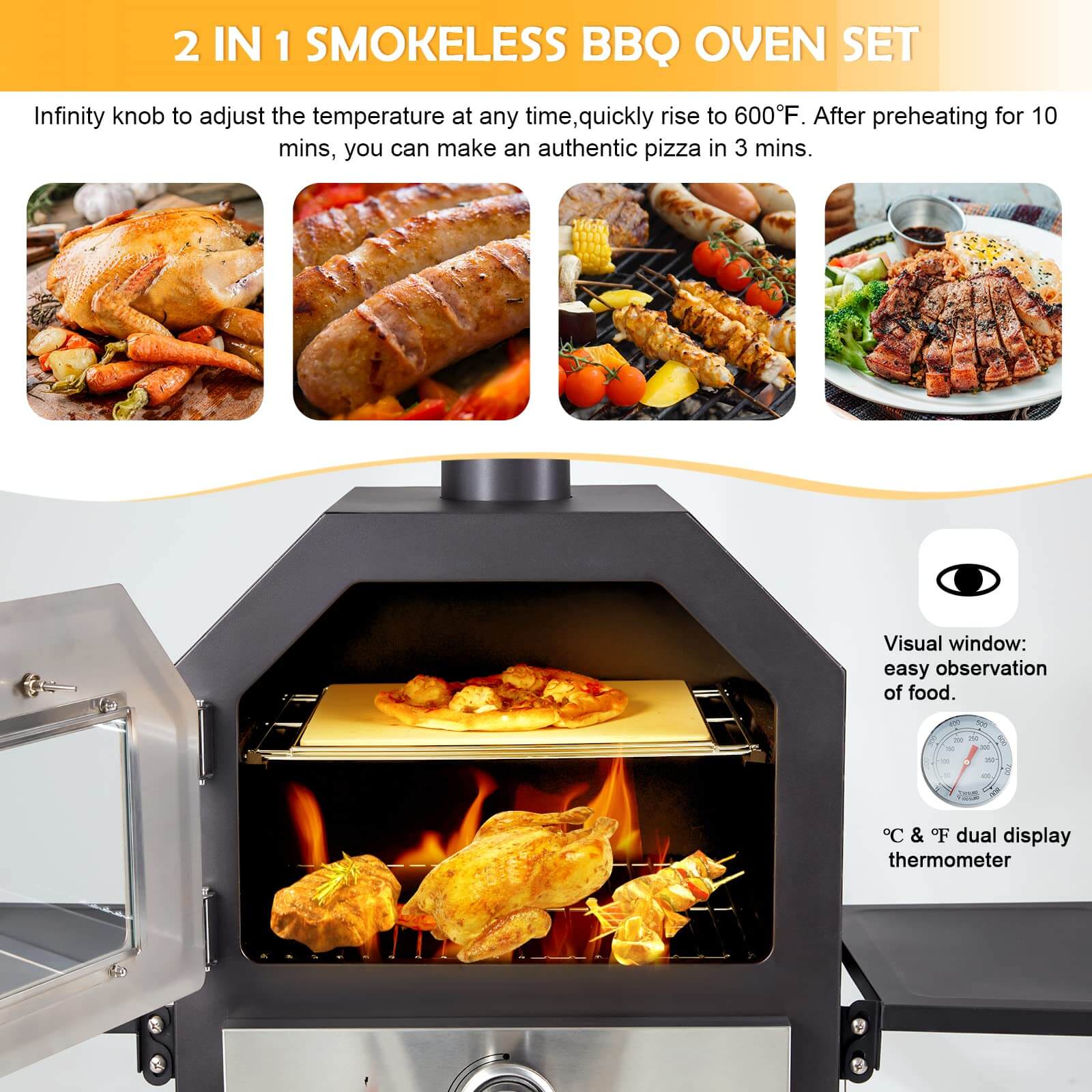 HOMREST Freestanding Outdoor 12" Gas Pizza Oven, CSA Approved Portable Propane Pizza Oven with 2 Foldable Shelves, Wheels and Cover
