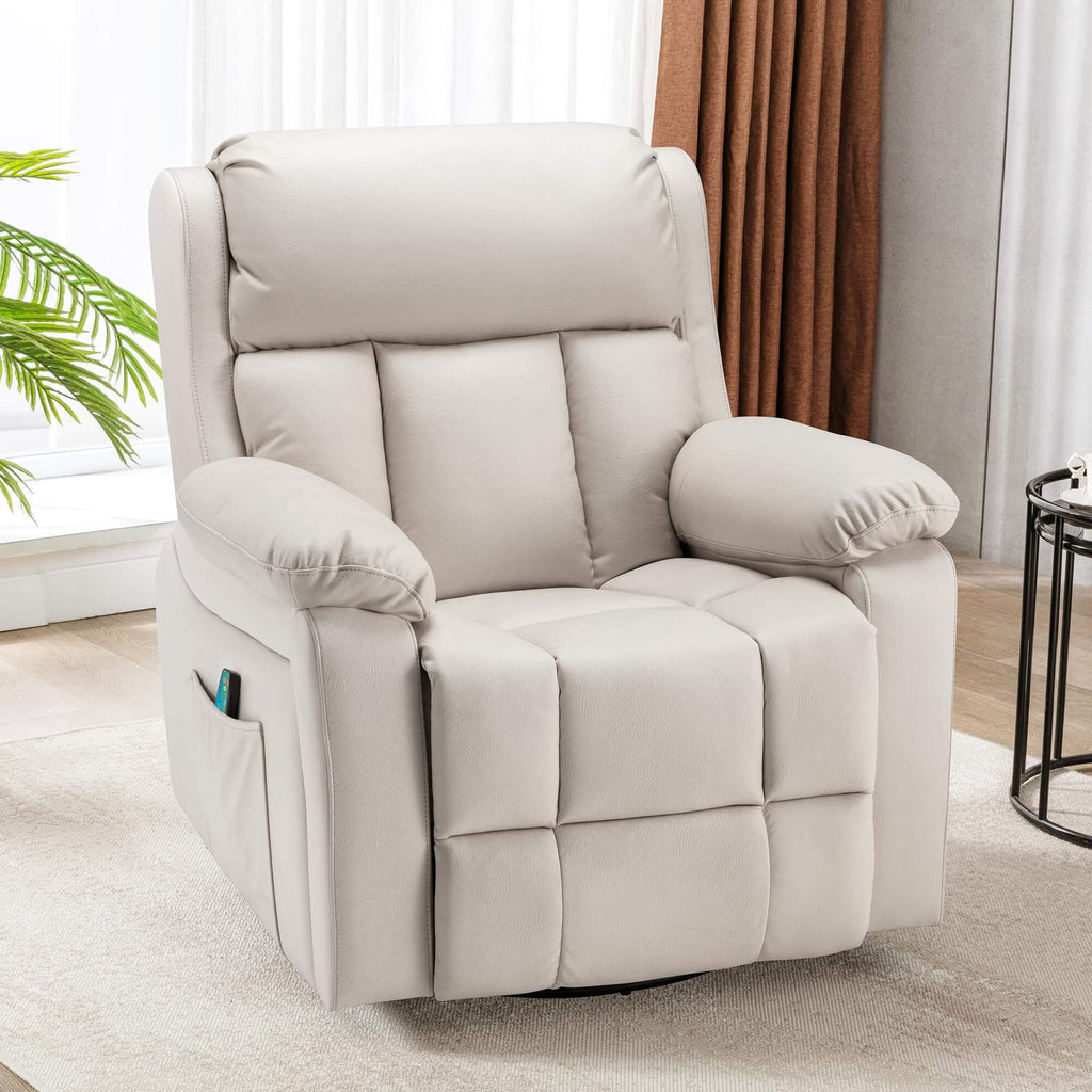 HOMREST Swivel Rocker Recliner Chair with Heat and Massage, Rocking Single Sofa with Comfy Deep Wide Seat, 360 Degree Swivel, Side Pockets and USB Port, Beige