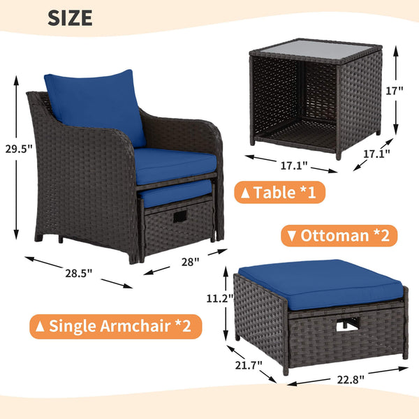 Homrest 5 Pcs Patio Wicker Chair Set with Ottomans and Coffee Table, Navy Blue