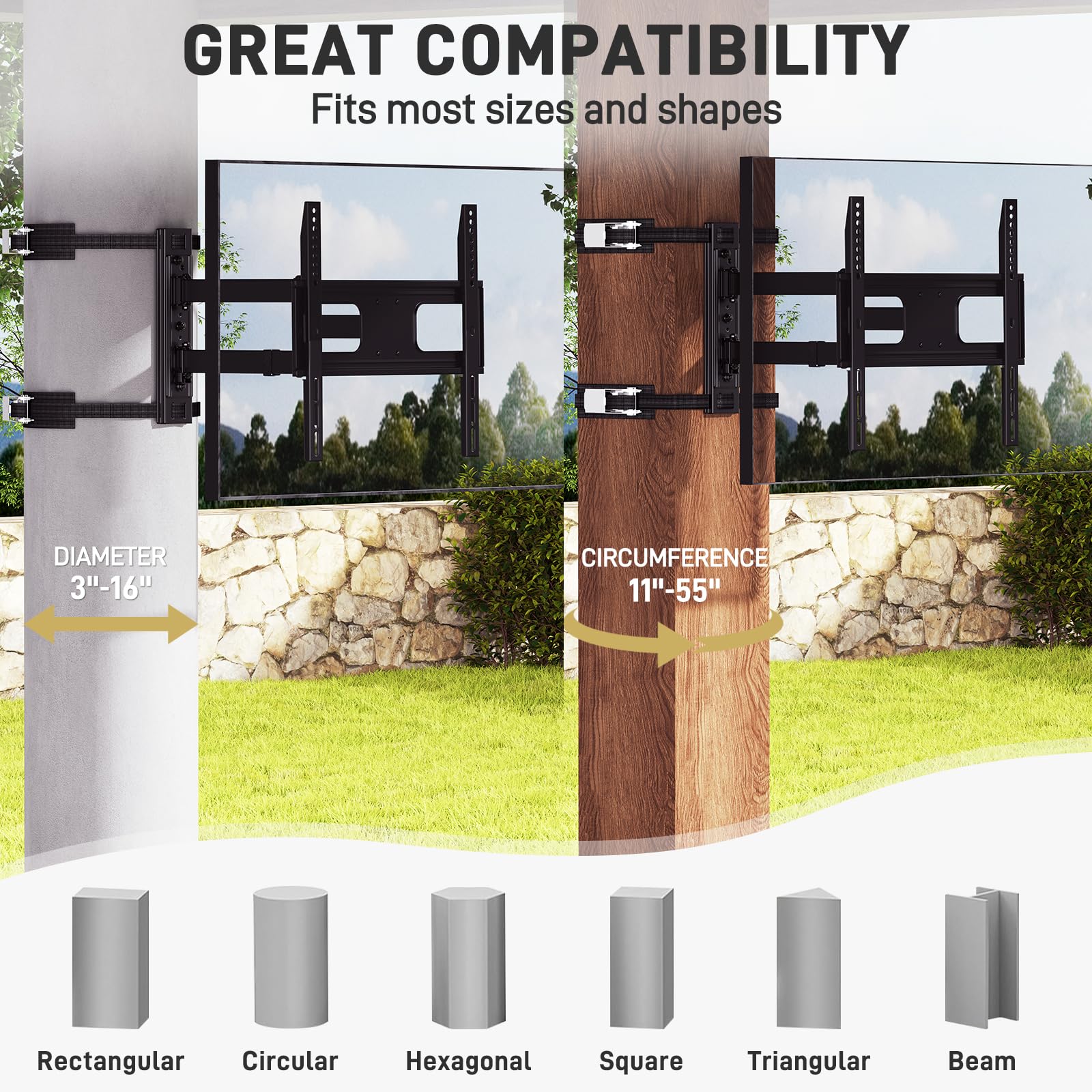 HOMREST Outdoor Gazebo TV Mount No Drill for Post, Full Motion Pergola TV Mount, Adjustable Weatherproof TV Bracket, Fits 27-65 Inch TVs, Holds 77 lbs
