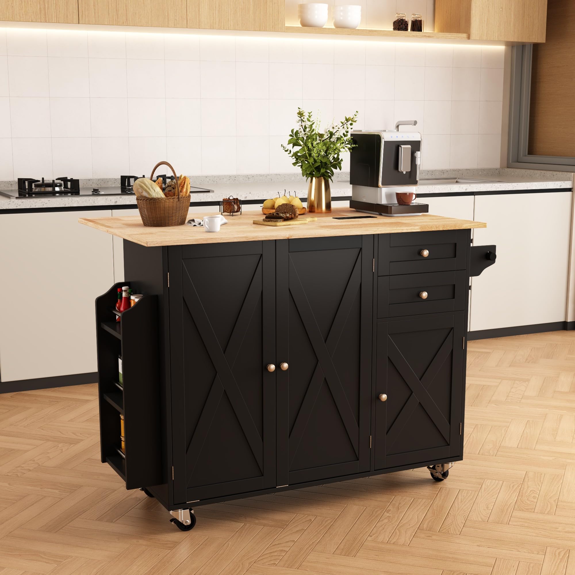 HOMREST 50.4" Kitchen Island with Drop Leaf & Power Outlet, Farmhouse Rolling Island Cart with 3 Spices Shelves on Wheels, Mobil Kitchen Island Table with Rubberwood Countertop Towel Rack, Black