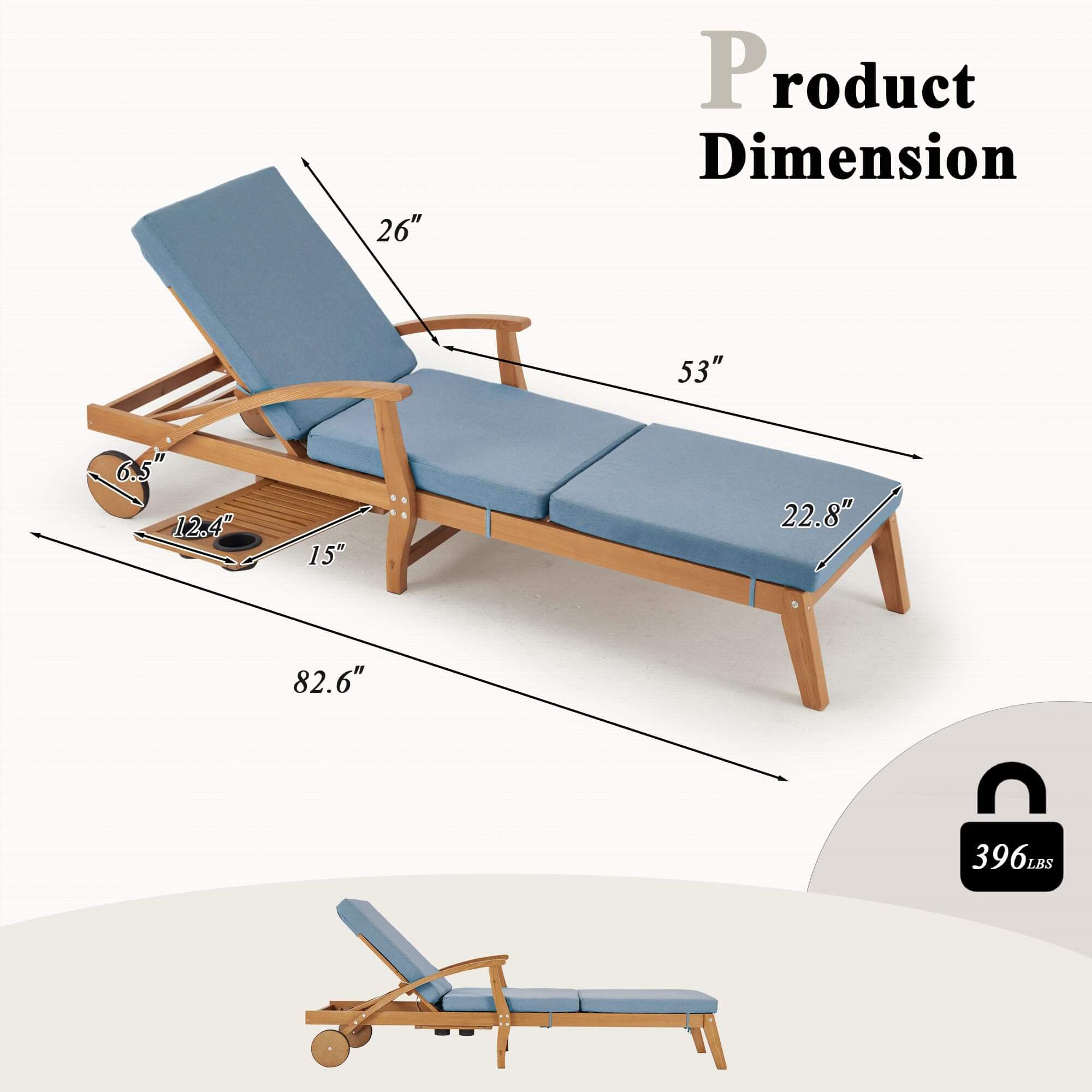 Outdoor Wood Chaise Lounge Chair Set of 2, with Slide-Out Tray, Adjustable Backrest, Moving Wheels and Breathable Fabric (Light Blue)