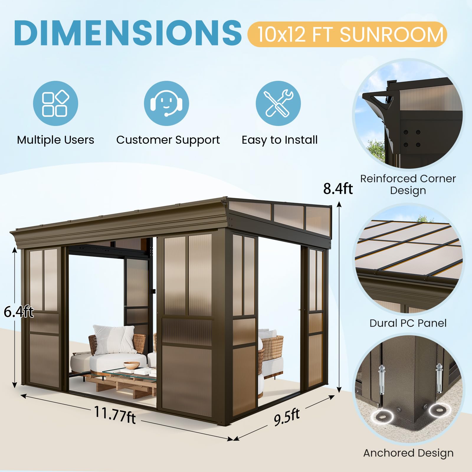 HOMREST 10x12 Lean-to Sunroom Gazebo, Enclosed Patio Shelter with Sliding Doors, Polycarbonate Roof and Brown-Tinted Panels, Aluminum Frame for Backyard