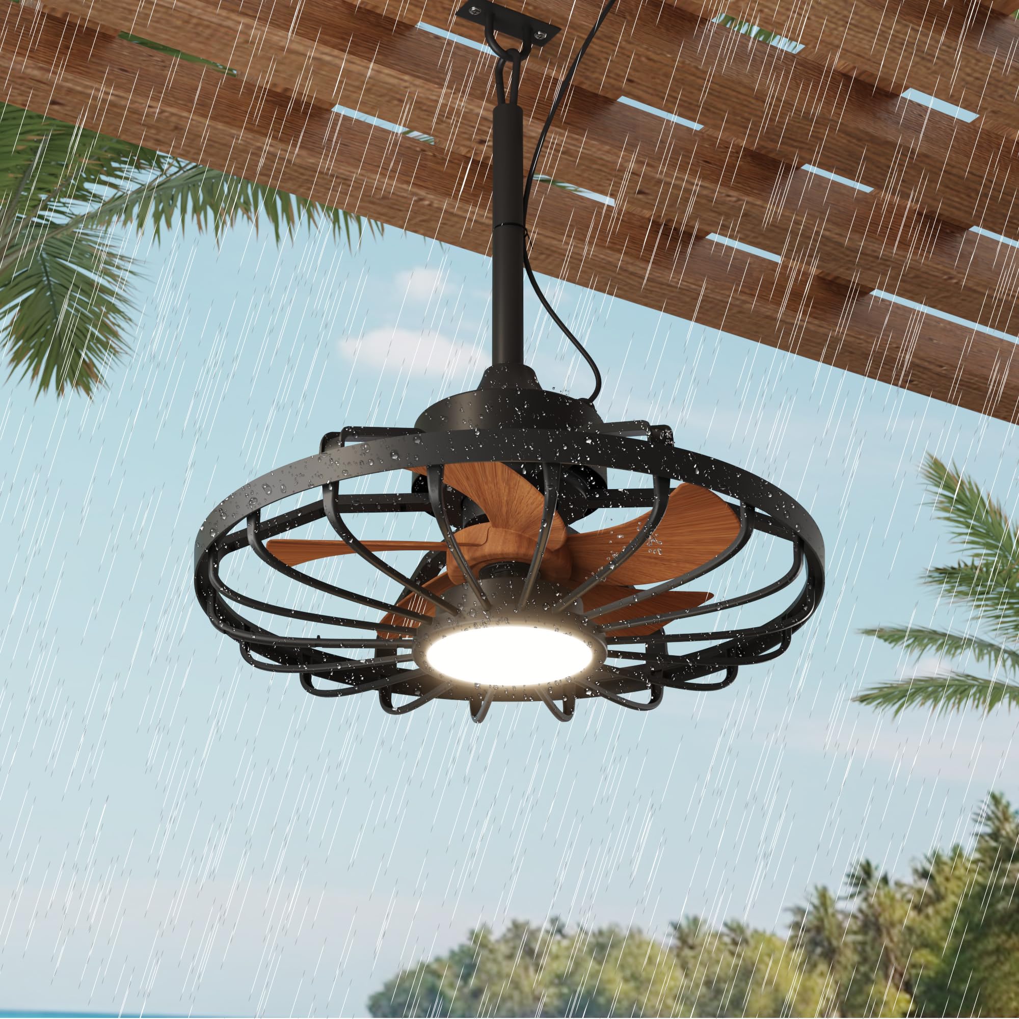 HOMREST 20" Outdoor Ceiling Fan with Light，IP65 Waterproof Plug in Ceiling Fan with Remote and 2 Downrods, Gazebo Caged Hanging Fan with 3 Color LED Light for Porch, Pergola, Canopy, Brown