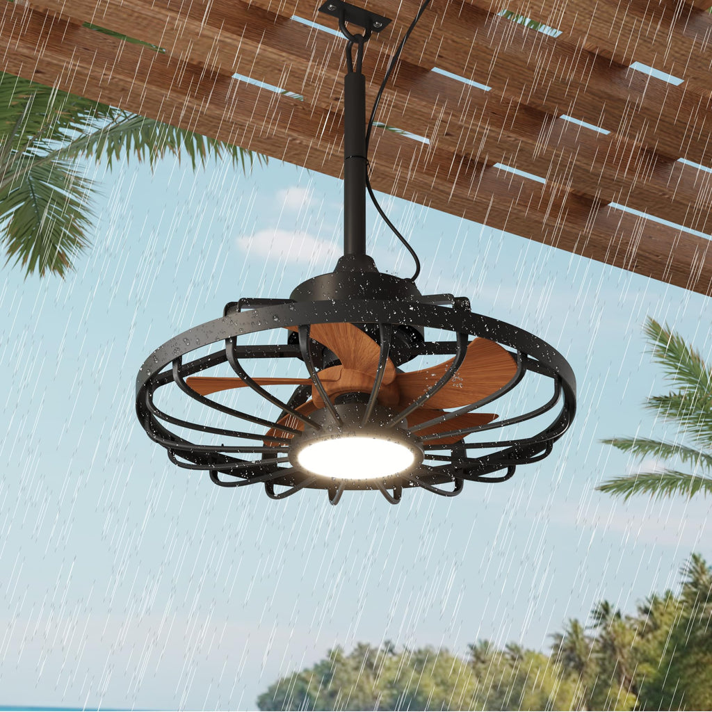 HOMREST 20" Outdoor Ceiling Fan with Light，IP65 Waterproof Plug in Ceiling Fan with Remote and 2 Downrods, Gazebo Caged Hanging Fan with 3 Color LED Light for Porch, Pergola, Canopy, Brown