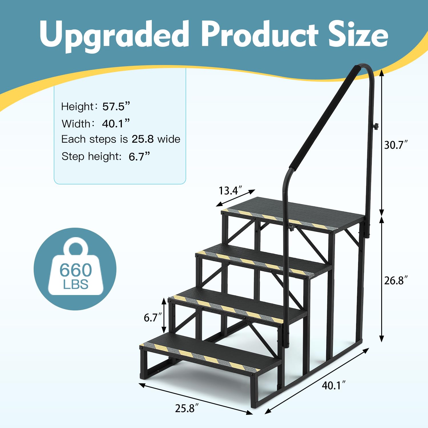 HOMREST 4-Step RV Steps with Dual Handrails, 660 LBS Heavy-Duty RV Stairs with Armrest Covers, Anti-Slip Hot Tub and Mobile Home Steps with Non-Skid Tapes