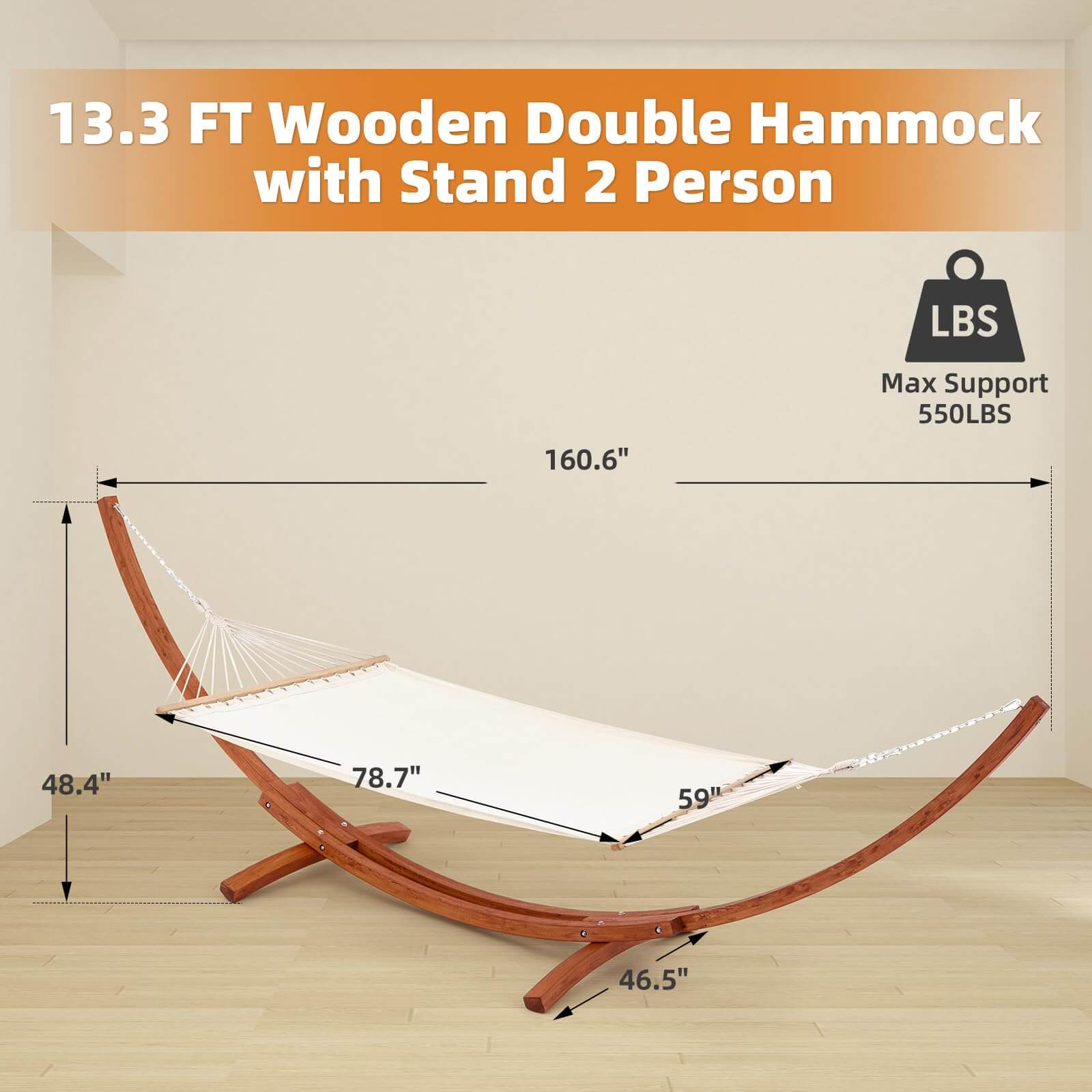 HOMREST 13 FT Hammock with Stand for Outside, 2 Person Heavy Duty Wooden Hammock Stand, White-Yellow