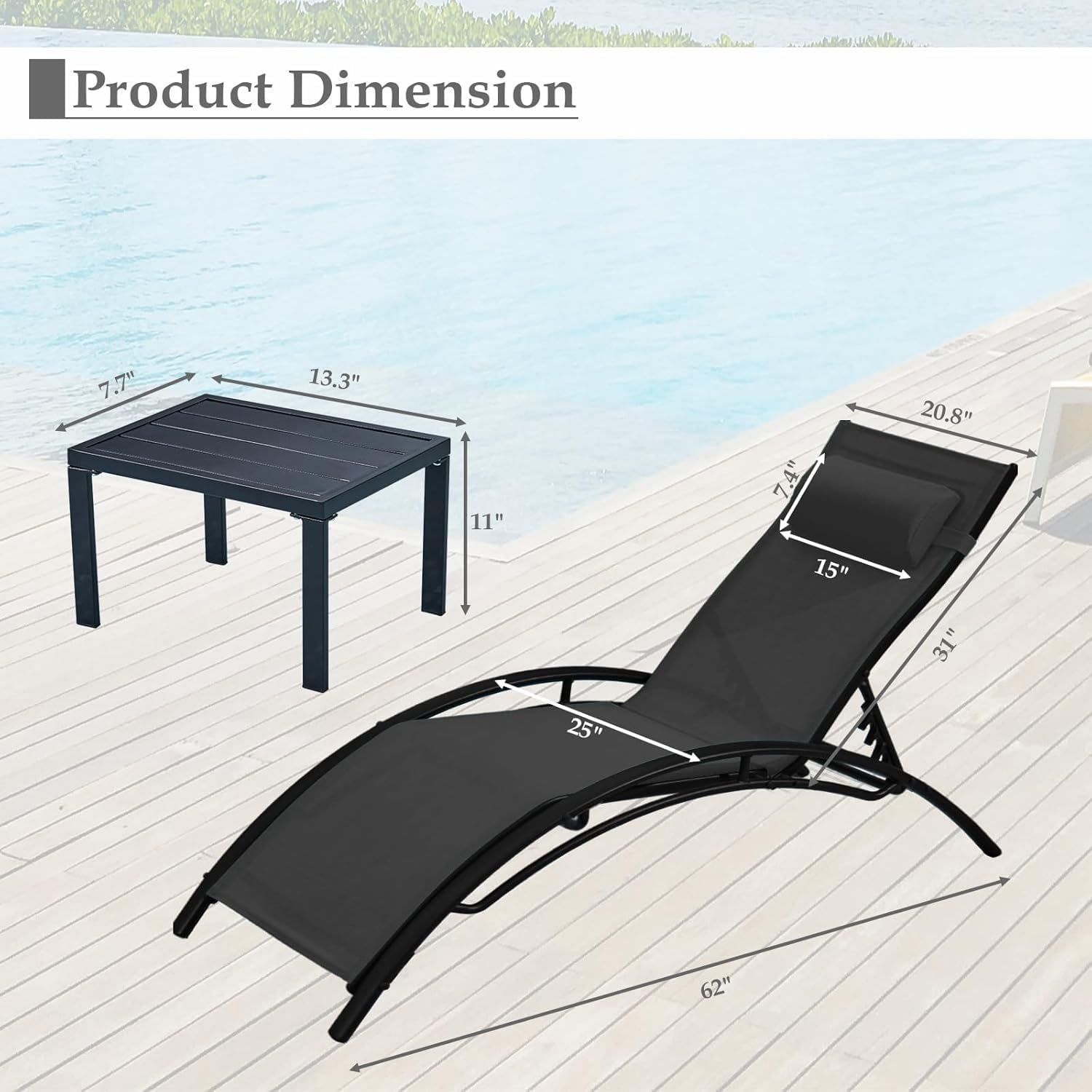 HOMREST 3-Piece Outdoor Chaise Lounge Set, Reclining Patio Chairs with Side Table, Black