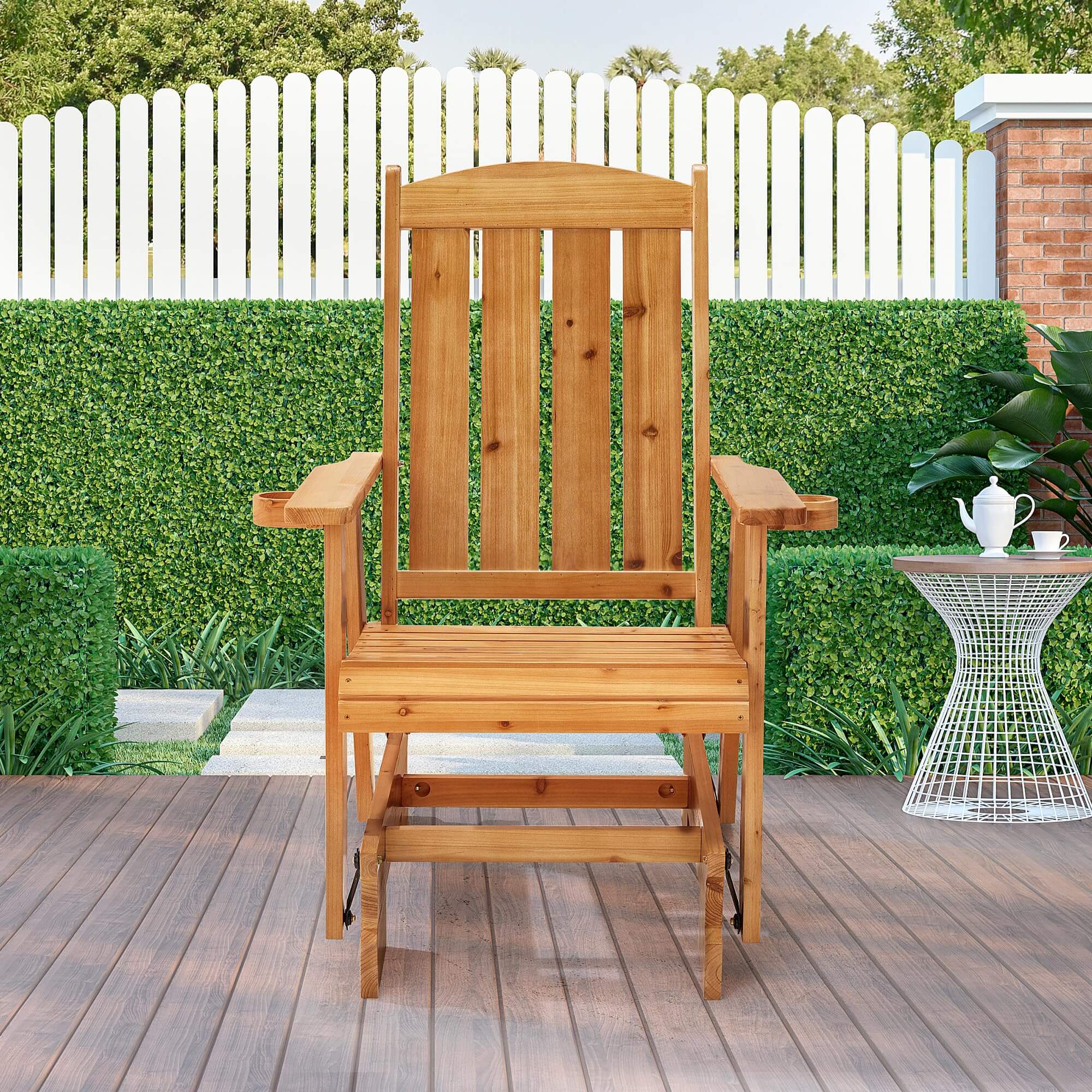 Homrest Wooden Patio Glider Chair with Cup Holders Heavy Duty 700lbs
