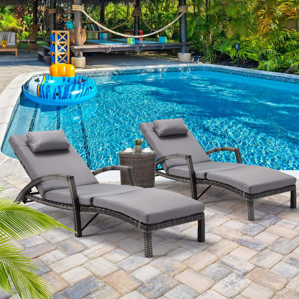 HOMREST Patio Lounge Chair Outdoor Set of 2, Wicker Tanning Chairs with Wheels, Headpillow, Ergonomic Arms & Cushion for Poolside Beach (Gray)