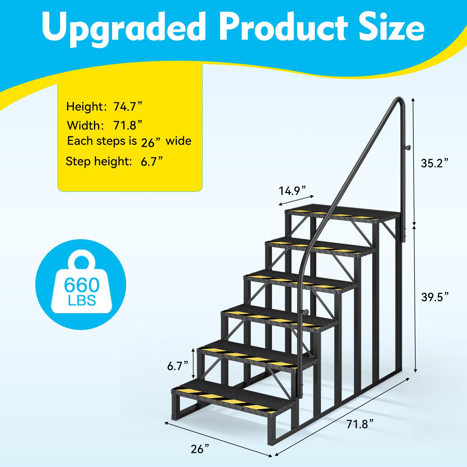 HOMREST 6-Step RV Steps with Handrail, 660LBS Capacity, Metal Mobile Home Stairs with Armrest, Anti-Slip Hot Tub & Camper Steps, Non-Skid Treads