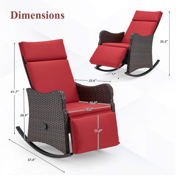 Outdoor Recliner Chair, Rattan Wicker Rocking Chair with Soft Removable Cushion, Red