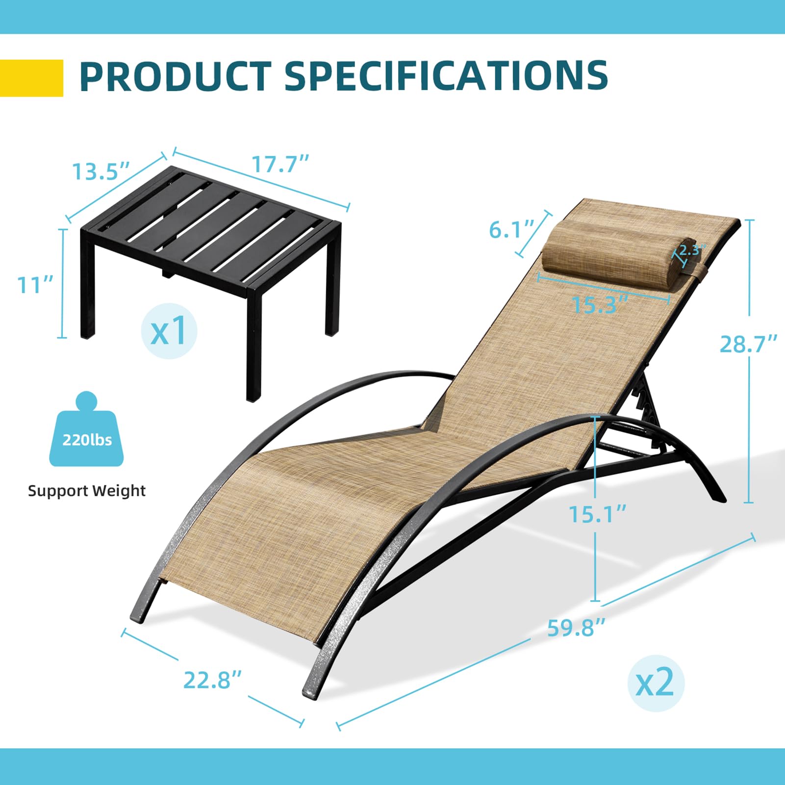 HOMREST 3 PCS Outdoor Lounge Chairs Set of 2 with Coffee Table, Brown