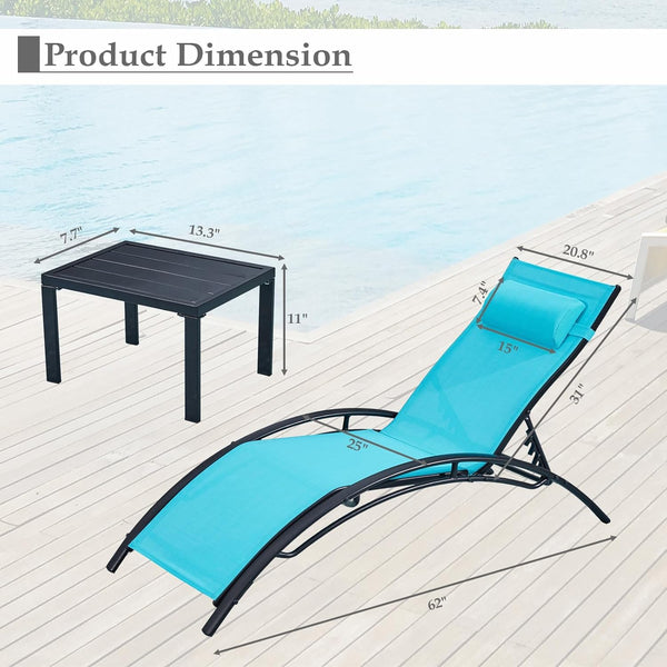 HOMREST 3-Piece Outdoor Chaise Lounge Set, Reclining Patio Chairs with Side Table, Blue