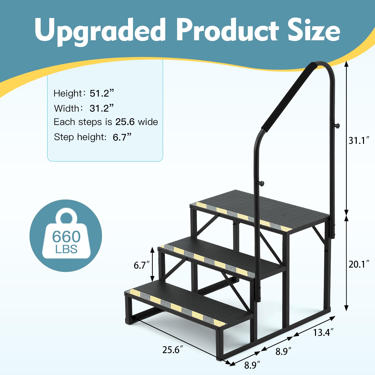 HOMREST 3-Step RV Steps with Handrail, 660 LBS Metal RV Stairs with Armrest Cover, Anti-Slip Hot Tub Steps, Mobile Home Steps with Non-Skid Tapes