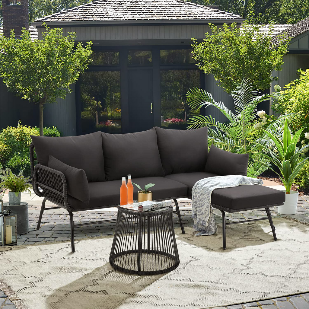 HOMREST 3-Piece L-Shaped Patio Sofa Set with Cushions & Glass Coffee Table, Black