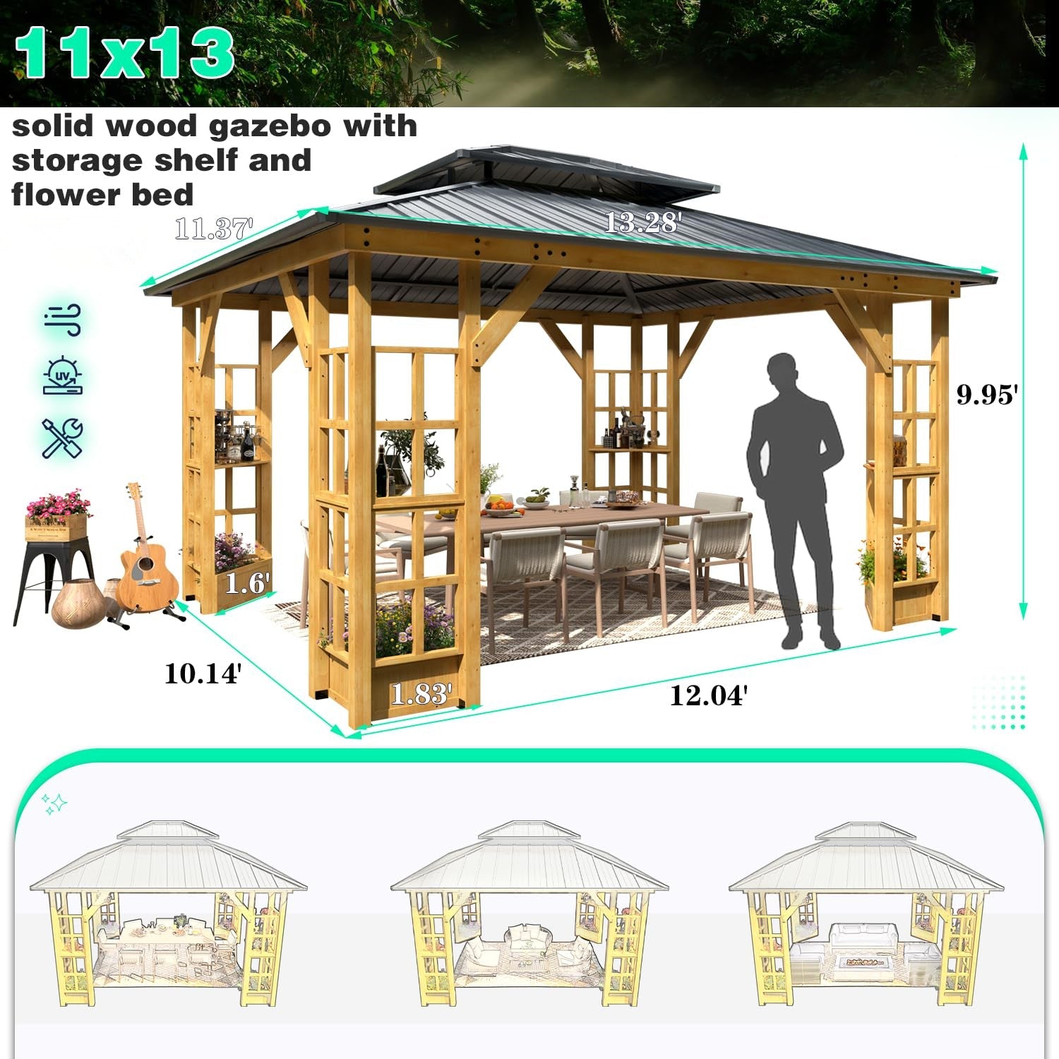 Homrest 11' x 13' Wood Gazebo, Outdoor Hardtop Gazebo Pavilion with Spruce Solid Wooden Frame, Double Roof Metal Canopy for Patio Backyard Deck Garden