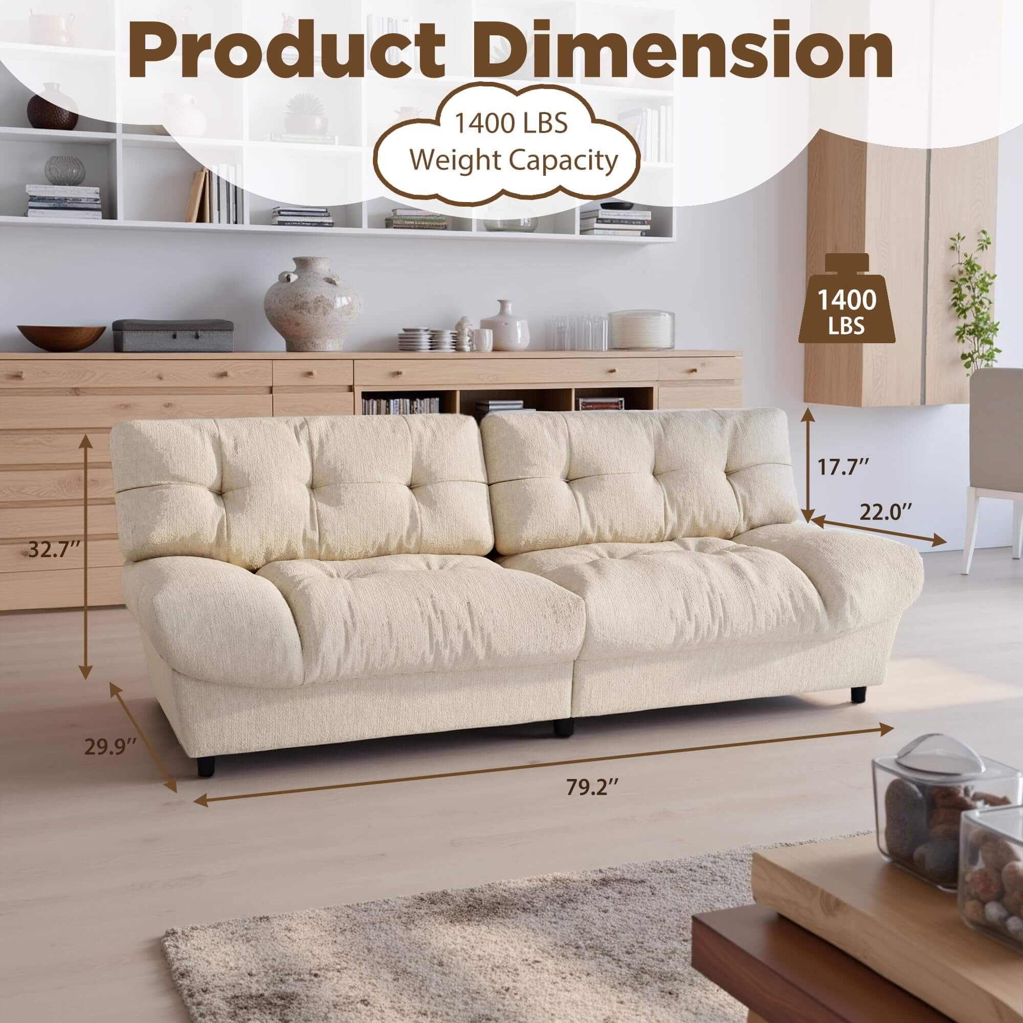 HOMREST 80 Inch Chenille Cloud Sofa Loveseat, Deep Seat Couch with Pillow Armrests, Beige White