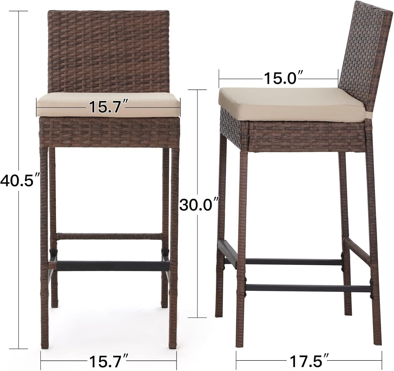 HOMREST Rattan Bar Stools Set of 4, Wicker Woven Patio Stools & Patio Bar Chairs with Seat Cushion and Cozy Footrest, Outdoor Furniture Armless Counter Height, Brown