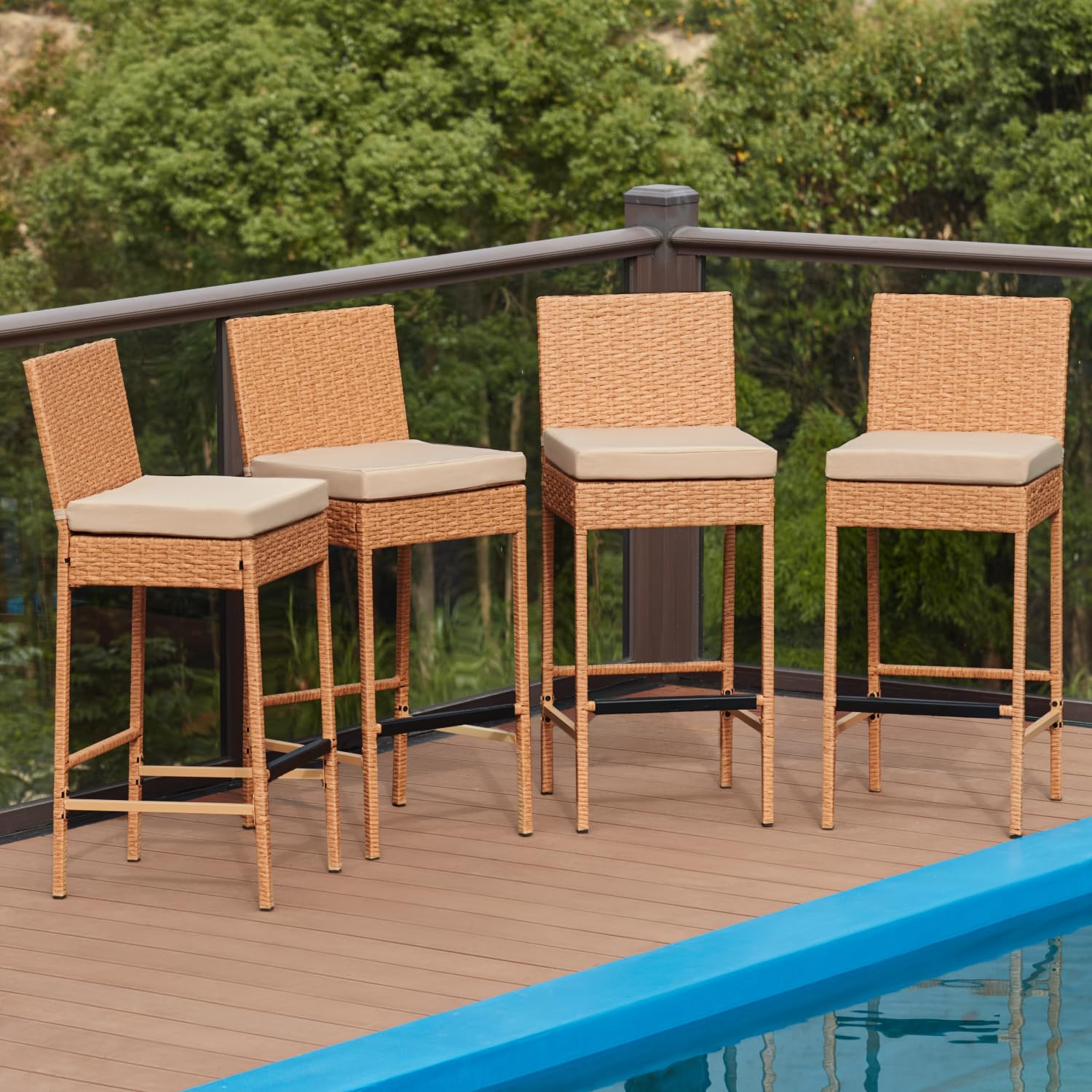 HOMREST Rattan Bar Stools Set of 4, Wicker Woven Patio Stools & Patio Bar Chairs with Seat Cushion and Cozy Footrest, Outdoor Furniture Armless Counter Height, Yellow
