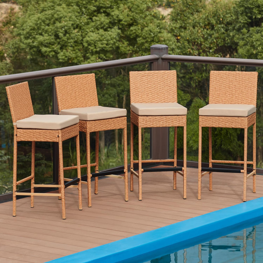 HOMREST Rattan Bar Stools Set of 4, Wicker Woven Patio Stools & Patio Bar Chairs with Seat Cushion and Cozy Footrest, Outdoor Furniture Armless Counter Height, Yellow