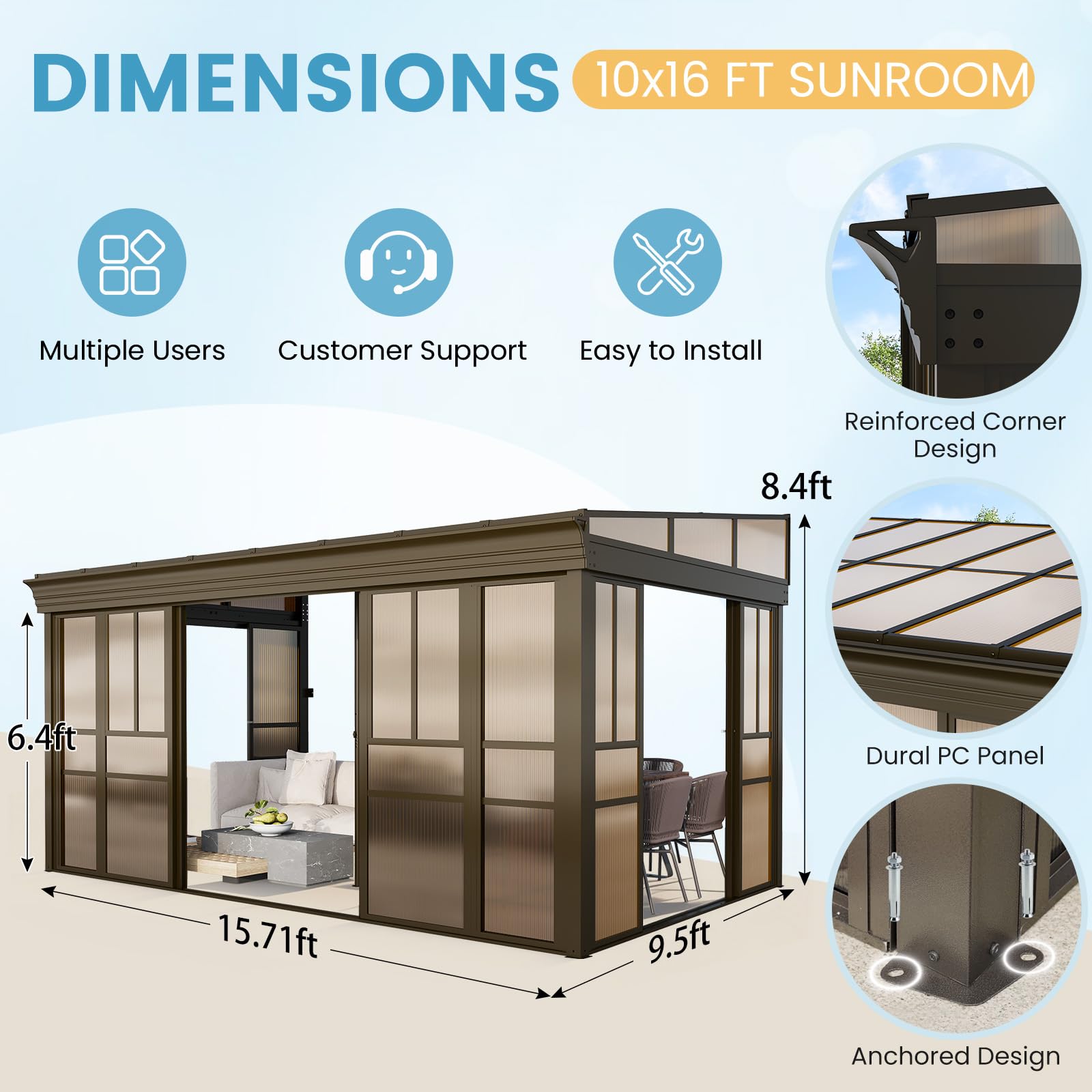 HOMREST 10x16 Lean-to Sunroom Gazebo, Enclosed Patio Shelter with Sliding Doors, Polycarbonate Roof and Brown-Tinted Panels, Aluminum Frame for Backyard